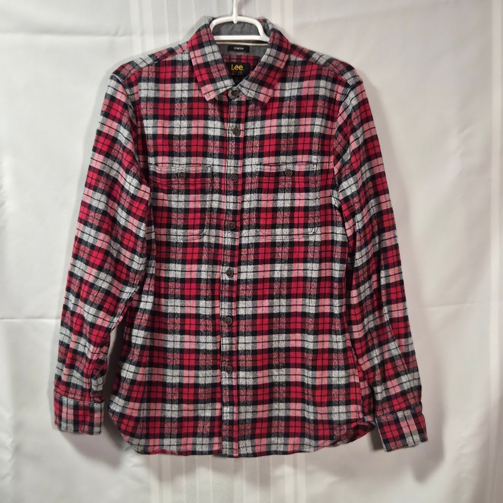 Lee Flannel Shirt Mens M Red Plaid Regular Fit Stretch Long Sleeve Button Down